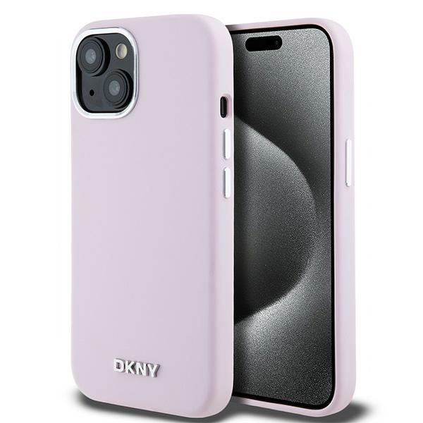 393369_oryg DKNY case for iPhone 15 6,1" DKHMP15SSMCHLP pink HC Magsafe silicone w horizontal metal logo