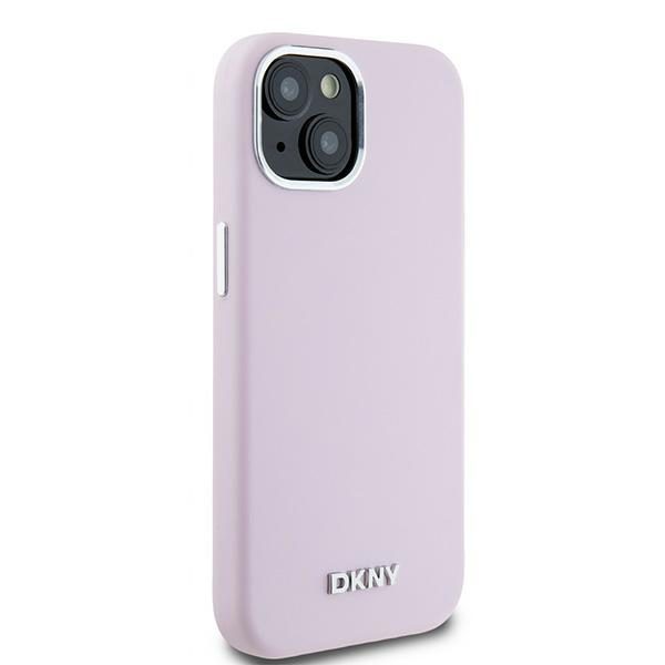 393372_oryg DKNY case for iPhone 15 6,1" DKHMP15SSMCHLP pink HC Magsafe silicone w horizontal metal logo