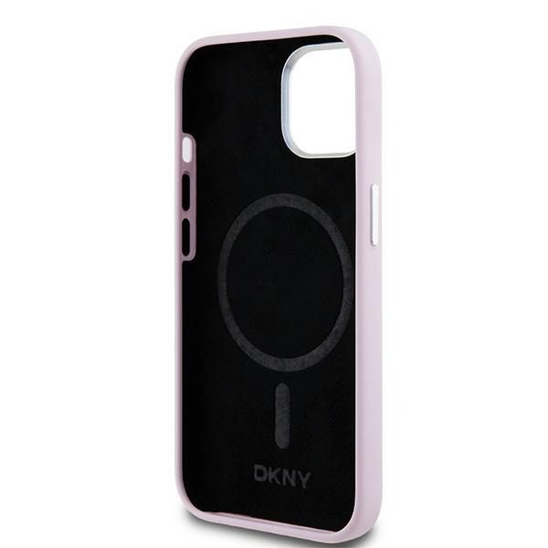 393375_oryg DKNY case for iPhone 15 6,1" DKHMP15SSMCHLP pink HC Magsafe silicone w horizontal metal logo