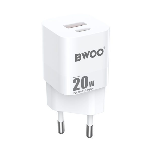 BWOO CDA156 PD wall charger 1x USB-C 1v USB 20W white