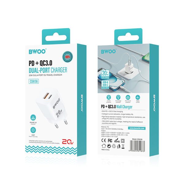 BWOO CDA156 PD wall charger 1x USB-C 1v USB 20W white