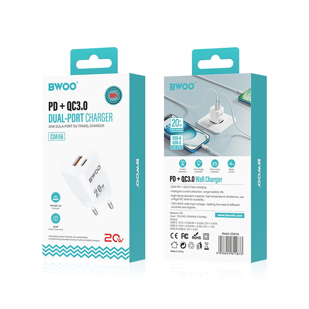 394120_oryg BWOO CDA156 PD wall charger 1x USB-C 1v USB 20W white