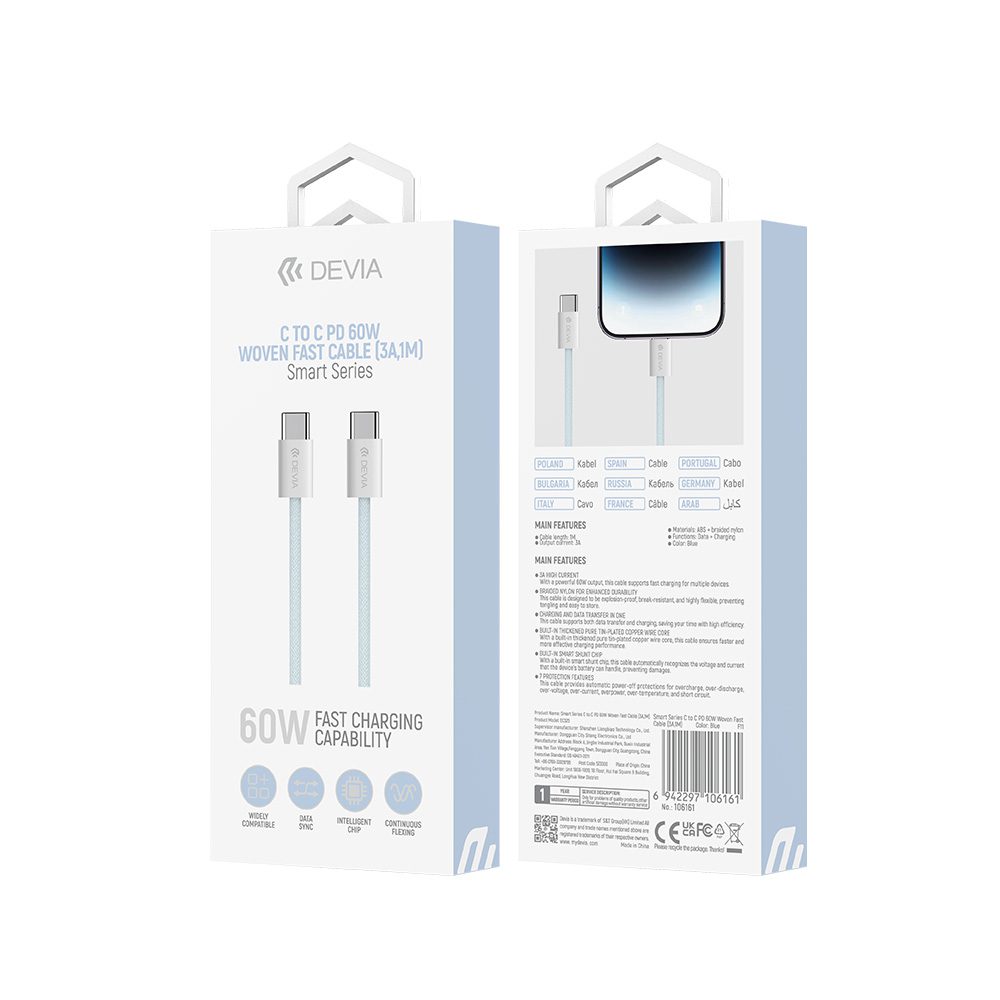 394601_oryg Devia cable Smart EC325 PD USB-C - USB-C 1,0 m 60W 3A black