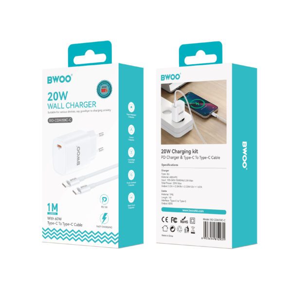BWOO CDA159 PD wall charger 1x USB-C port + USB-C 20W white