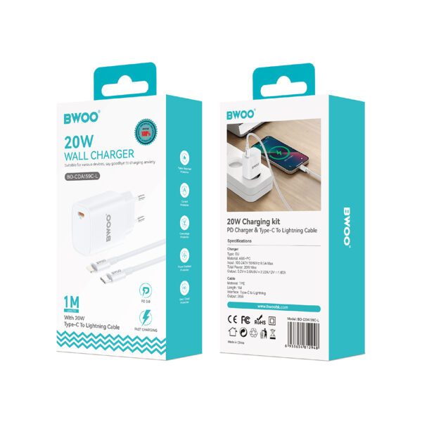 BWOO CDA159 PD wall charger 1x USB-C port + Lightning 20W white