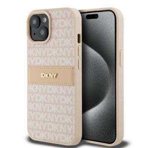 DKNY case for iPhone 15 6,1" DKHCP15SPRTHSLP pink HC PU repeat texture pattern w tonal stripe