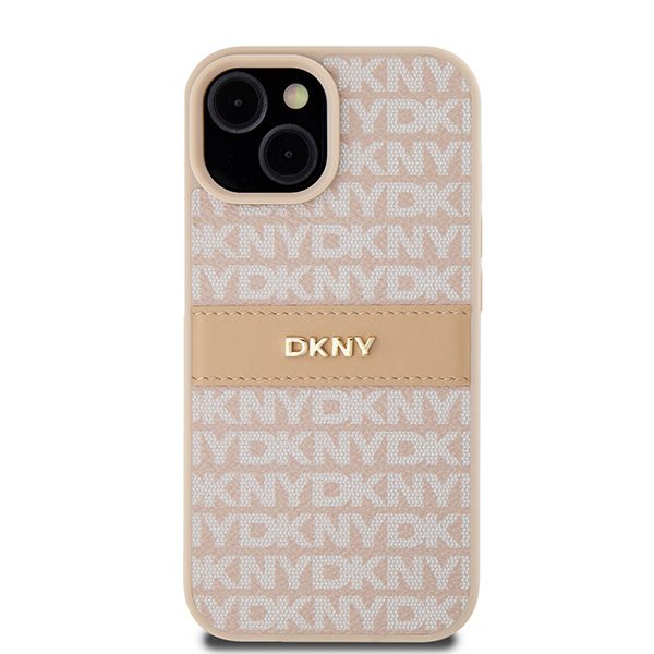 DKNY case for iPhone 15 Plus 6,7" DKHCP15MPRTHSLP pink HC PU repeat texture pattern w tonal stripe