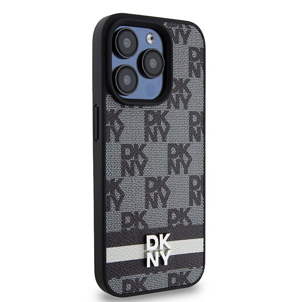 DKNY case for iPhone 15 Pro 6,1" DKHCP15LPCPTSSK black HC PU checkered pattern w printed stripes