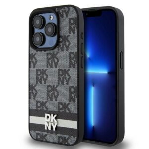 DKNY case for iPhone 15 Pro Max 6,7" DKHCP15XPCPTSSK black HC PU checkered pattern w printed stripes