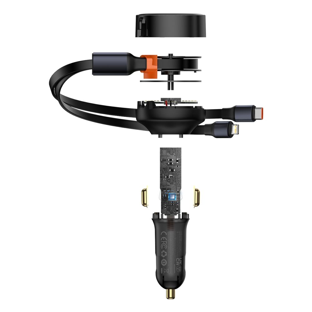 396701_oryg Baseus car charger Enjoyment Retractable 2w1 30W black with cable 1x USB-C 1x Lightning