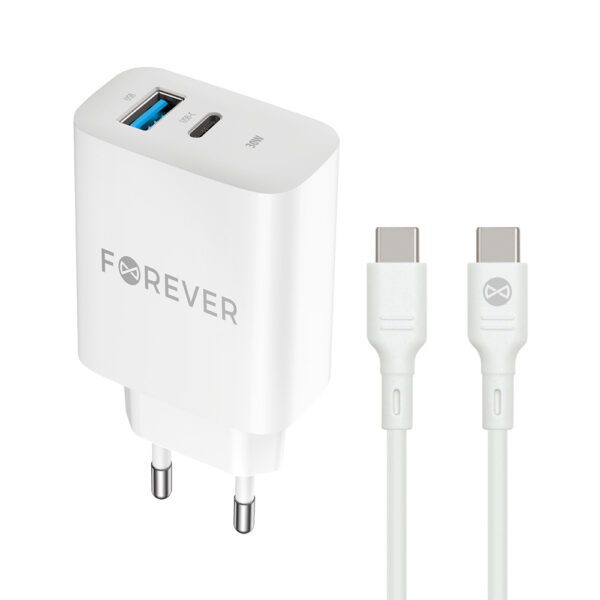397875_oryg Forever TC-07-30AC PD QC charger 1x USB-C 1x USB 30W white + USB-C - USB-C cable 60W