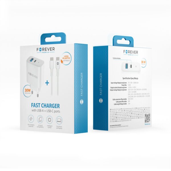 397877_oryg Forever TC-07-30AC PD QC charger 1x USB-C 1x USB 30W white + USB-C - USB-C cable 60W