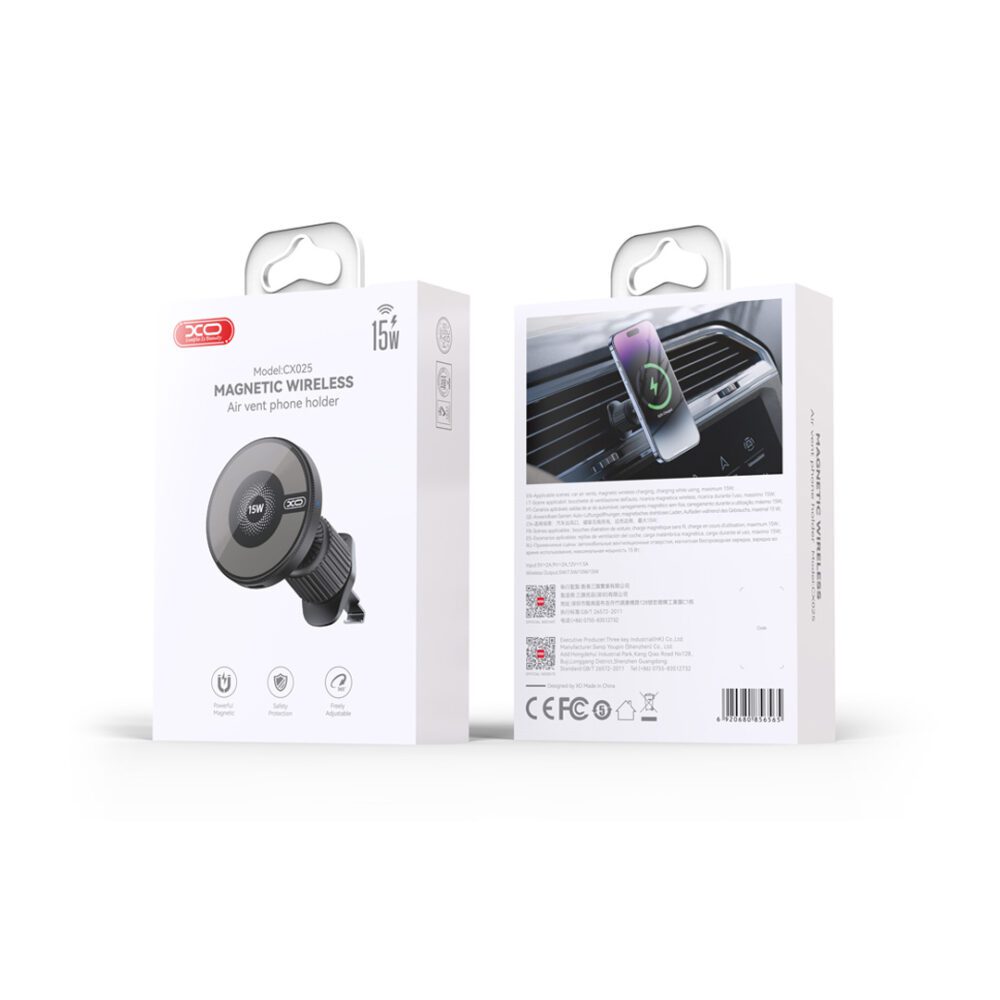 399522_oryg XO car holder magnetic CX025 with wireless inductive charger 15W black air vent