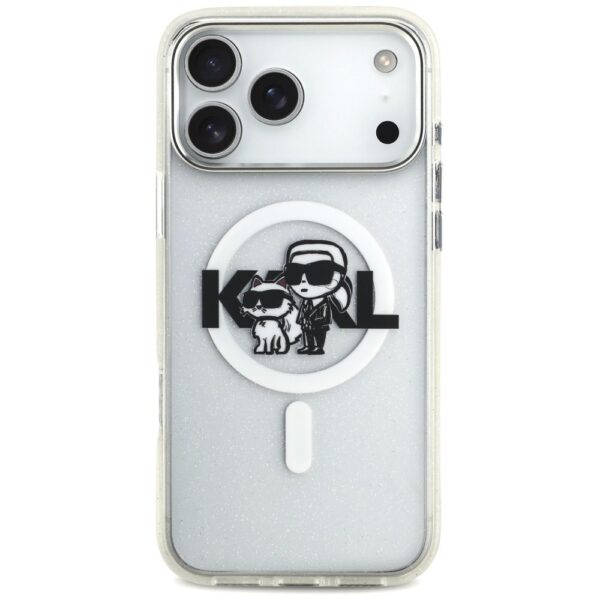 KARL LAGERFELD case for IPHONE 17 Pro Max compatible with MagSafe KLHMP17XHGKCGKBT (IML Glitter K&C Sketch Logo) transparent
