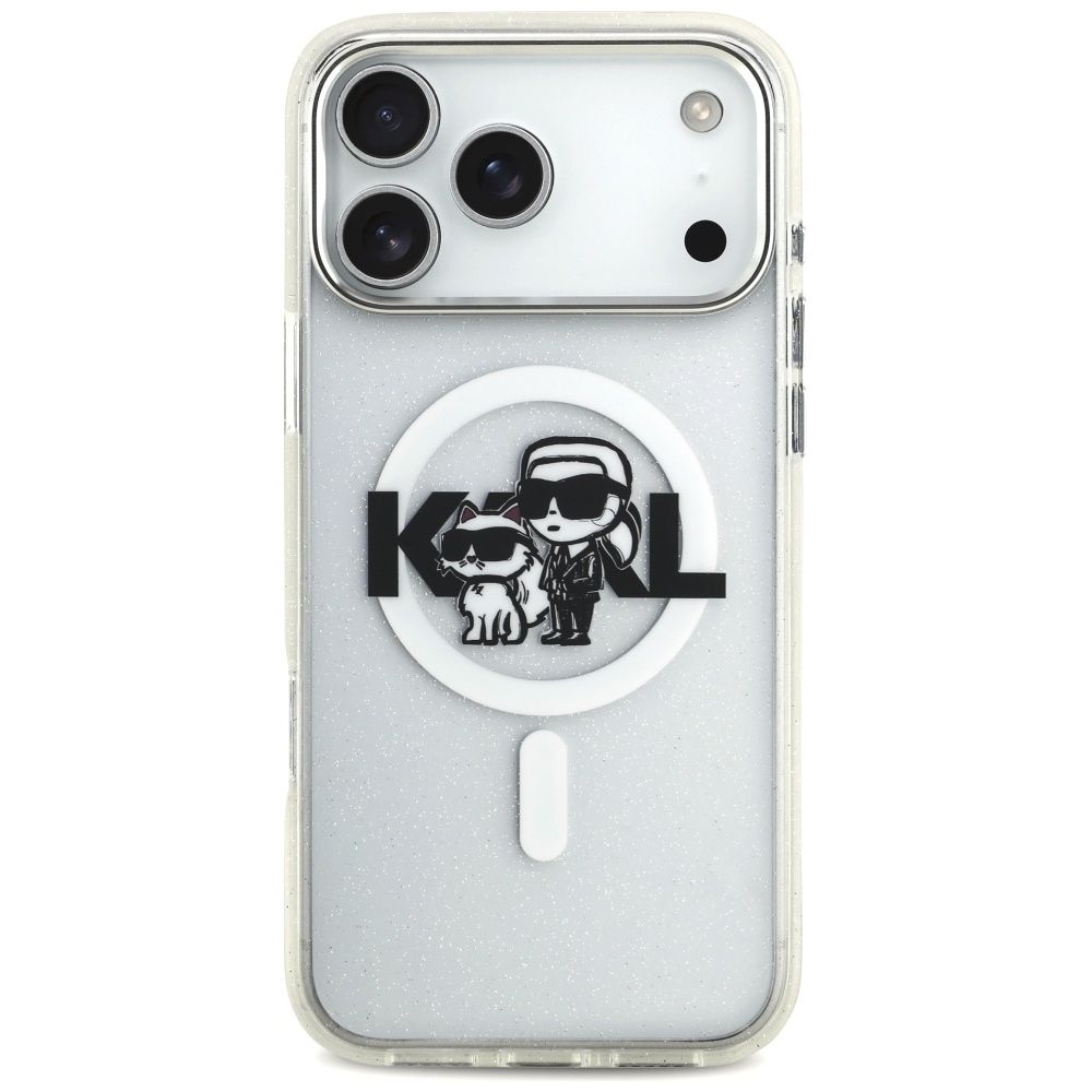 3f8ef374926fa7cc726f81d00977ae3e KARL LAGERFELD case for IPHONE 17 Pro Max compatible with MagSafe KLHMP17XHGKCGKBT (IML Glitter K&C Sketch Logo) transparent