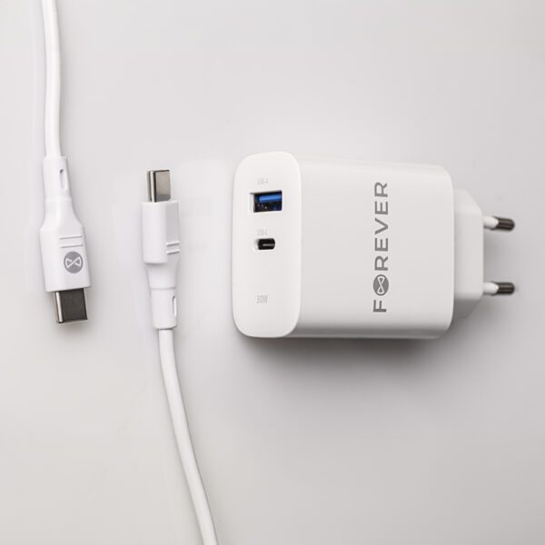 400021_oryg Forever TC-07-30AC PD QC charger 1x USB-C 1x USB 30W white + USB-C - USB-C cable 60W