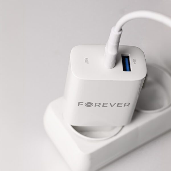 400022_oryg Forever TC-07-30AC PD QC charger 1x USB-C 1x USB 30W white + USB-C - USB-C cable 60W