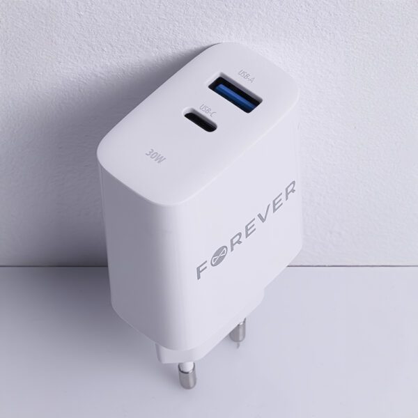 400026_oryg Forever TC-07-30AC PD QC charger 1x USB-C 1x USB 30W white + USB-C - USB-C cable 60W