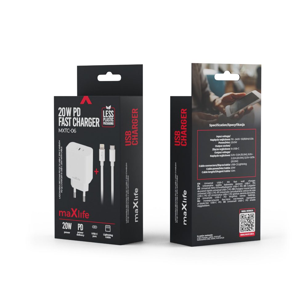 Maxlife MXTC-06-20C PD QC charger 1x USB-C 20W white + USB-C - Lightning cable 20W