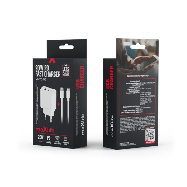Maxlife MXTC-06-20AC PD QC charger 1x USB-C 1x USB 20W white + USB-C - Lightning cable 20W