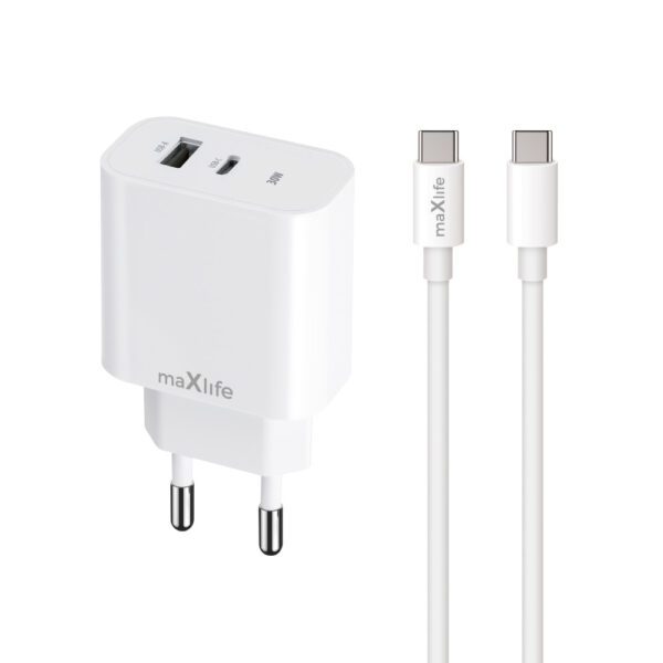 Maxlife MXTC-06-30AC PD QC charger 1x USB-C 1x USB 30W white + USB-C - USB-C cable 60W
