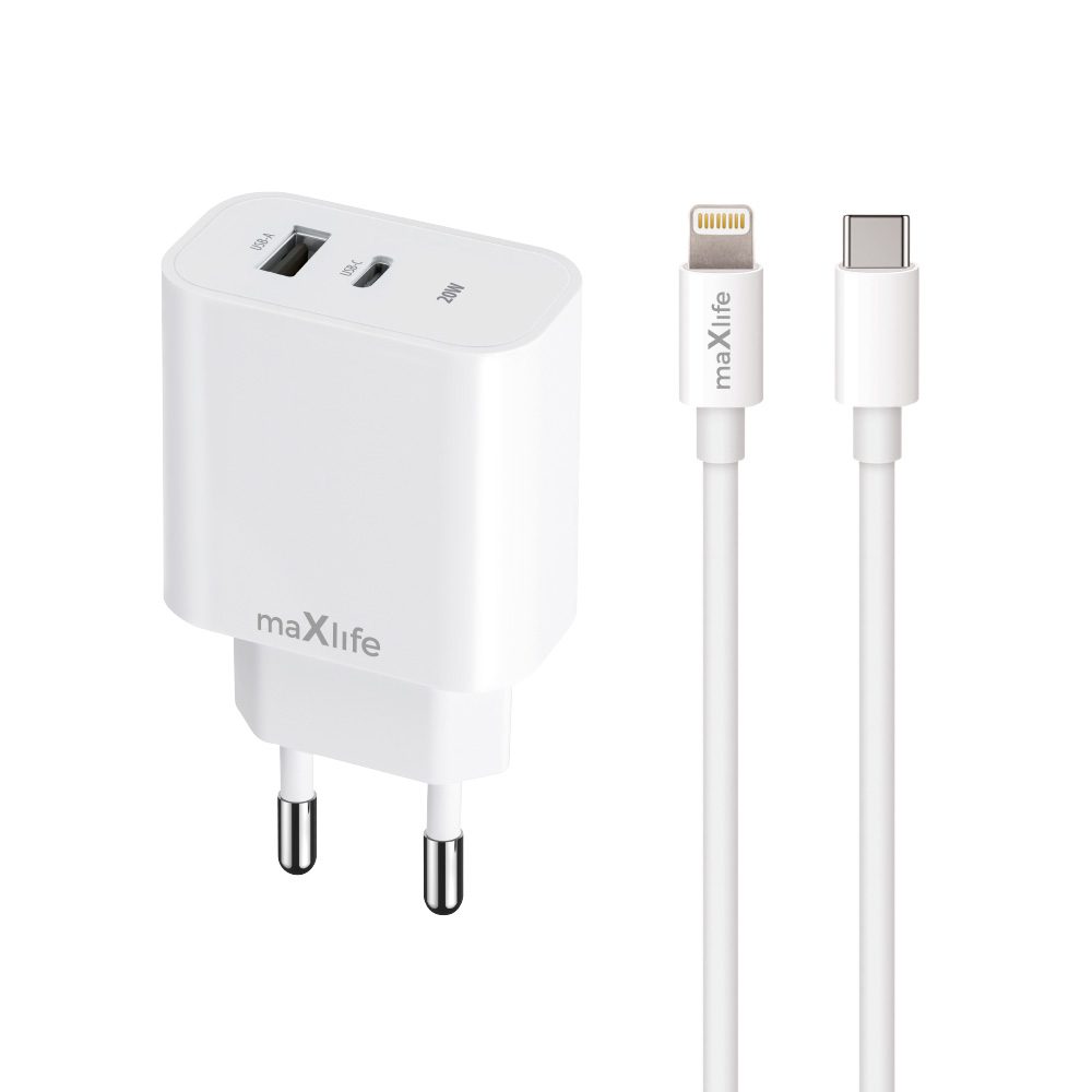 402571_oryg Maxlife MXTC-06-20AC PD QC charger 1x USB-C 1x USB 20W white + USB-C - Lightning cable 20W