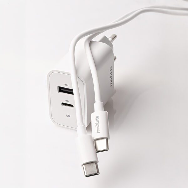 Maxlife MXTC-06-30AC PD QC charger 1x USB-C 1x USB 30W white + USB-C - USB-C cable 60W