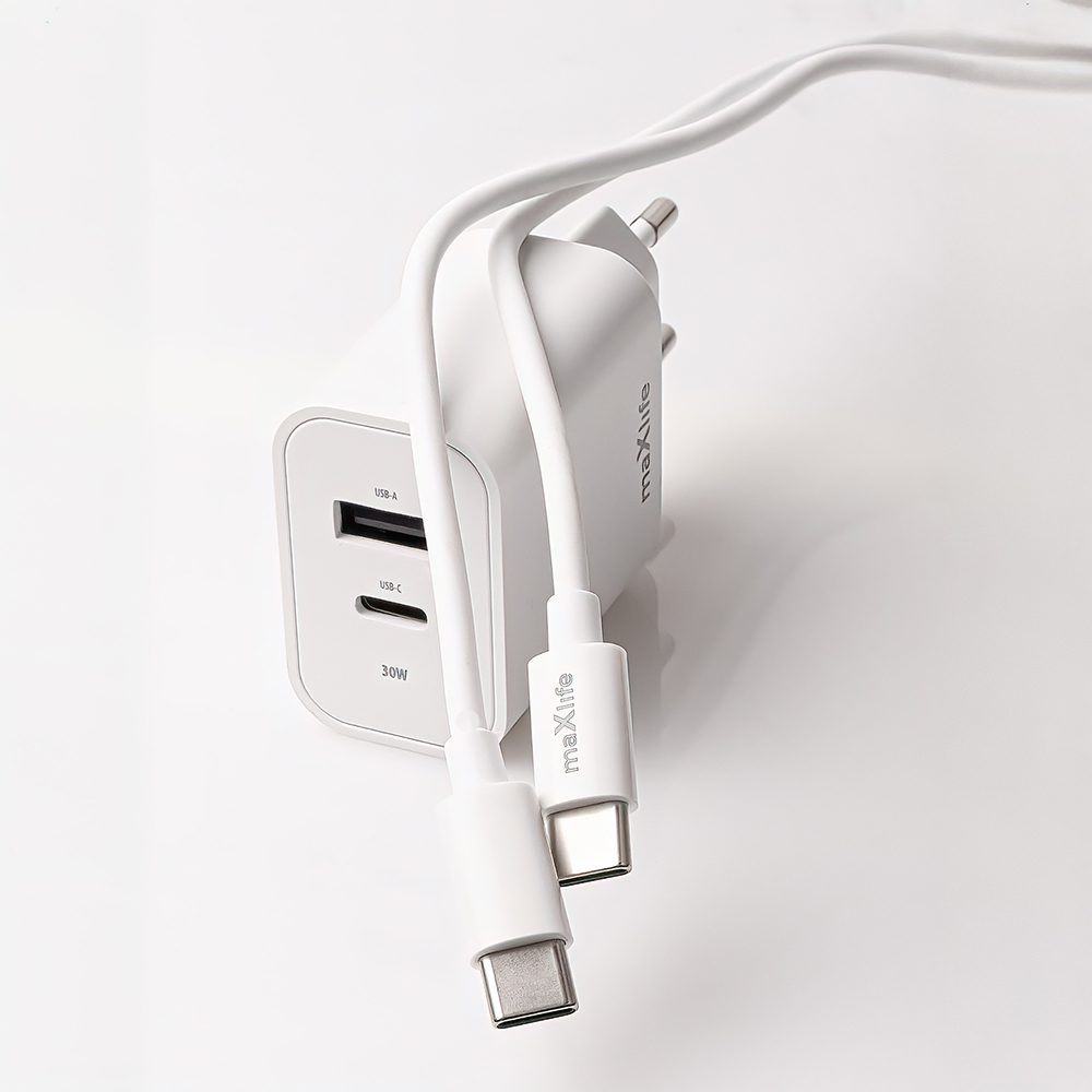 Maxlife MXTC-06-30AC PD QC charger 1x USB-C 1x USB 30W white + USB-C - USB-C cable 60W