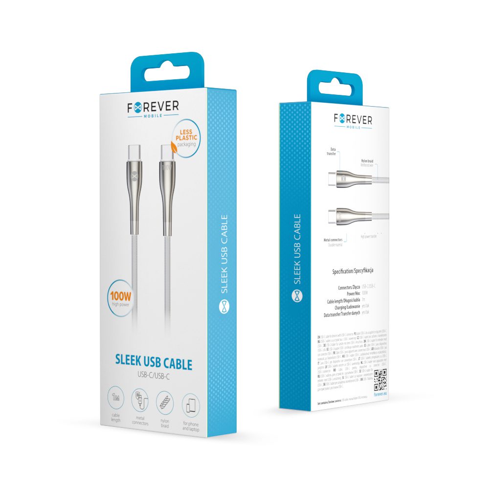 Forever Sleek cable USB-C - USB-C 1,0 m 100W white