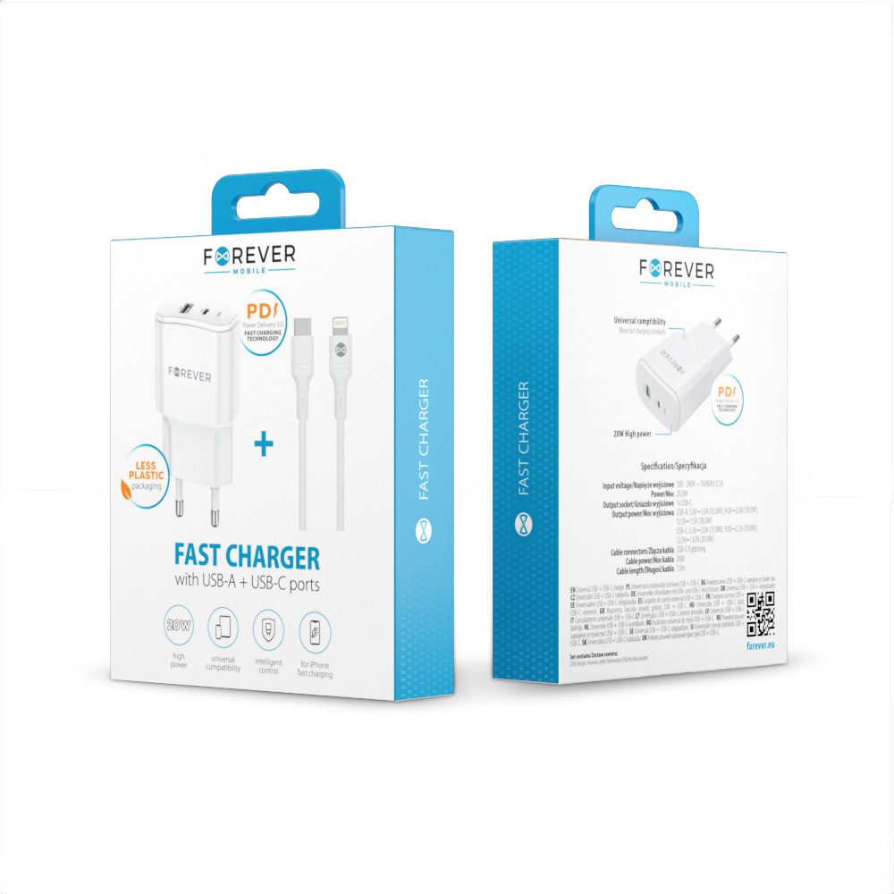 402694_oryg Forever TC-01-20AC PD QC charger 1x USB-C 1x USB 20W white + USB-C - Lightning cable 20W