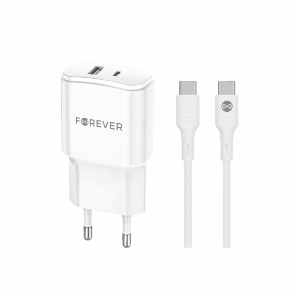 Forever TC-01-20AC PD QC charger 1x USB-C 1x USB 20W white + USB-C - USB-C cable 20W