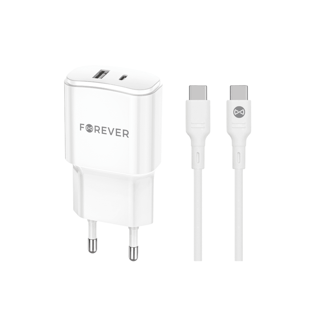 402697_oryg Forever TC-01-20AC PD QC charger 1x USB-C 1x USB 20W white + USB-C - USB-C cable 20W