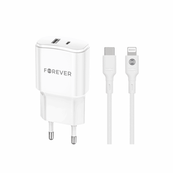 Forever TC-01-20AC PD QC charger 1x USB-C 1x USB 20W white + USB-C - Lightning cable 20W