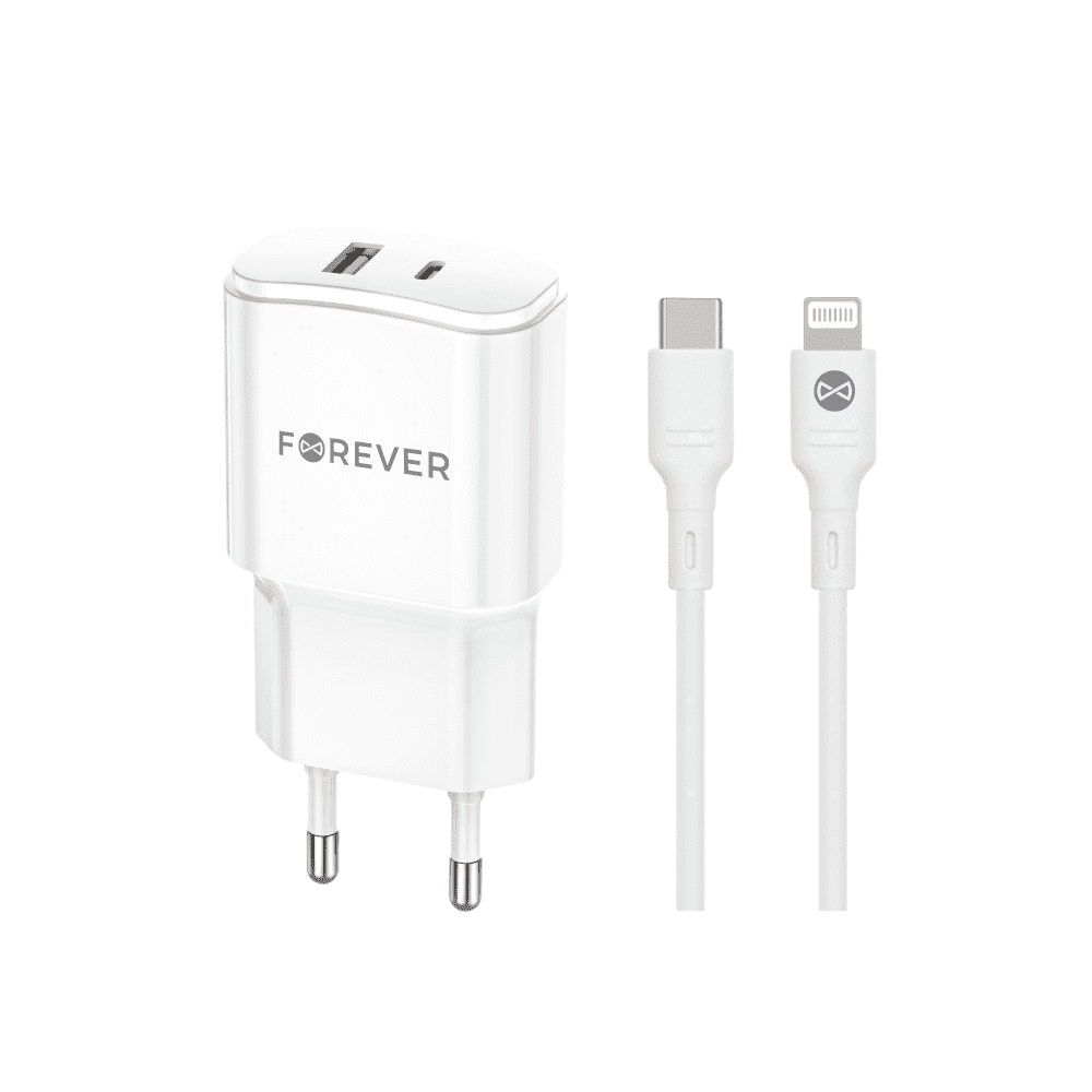 402698_oryg Forever TC-01-20AC PD QC charger 1x USB-C 1x USB 20W white + USB-C - Lightning cable 20W