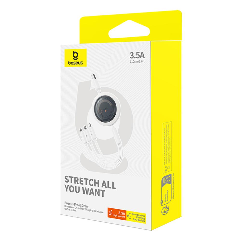 404468_oryg Baseus Free2Draw Retractable Crystal Fast Charging Data Cable USB to M+L+C 100W 1.1m Moon White