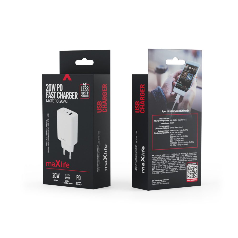 407582_oryg Maxlife MXTC-10-20AC PD QC charger 1x USB-C 1x USB 20W white