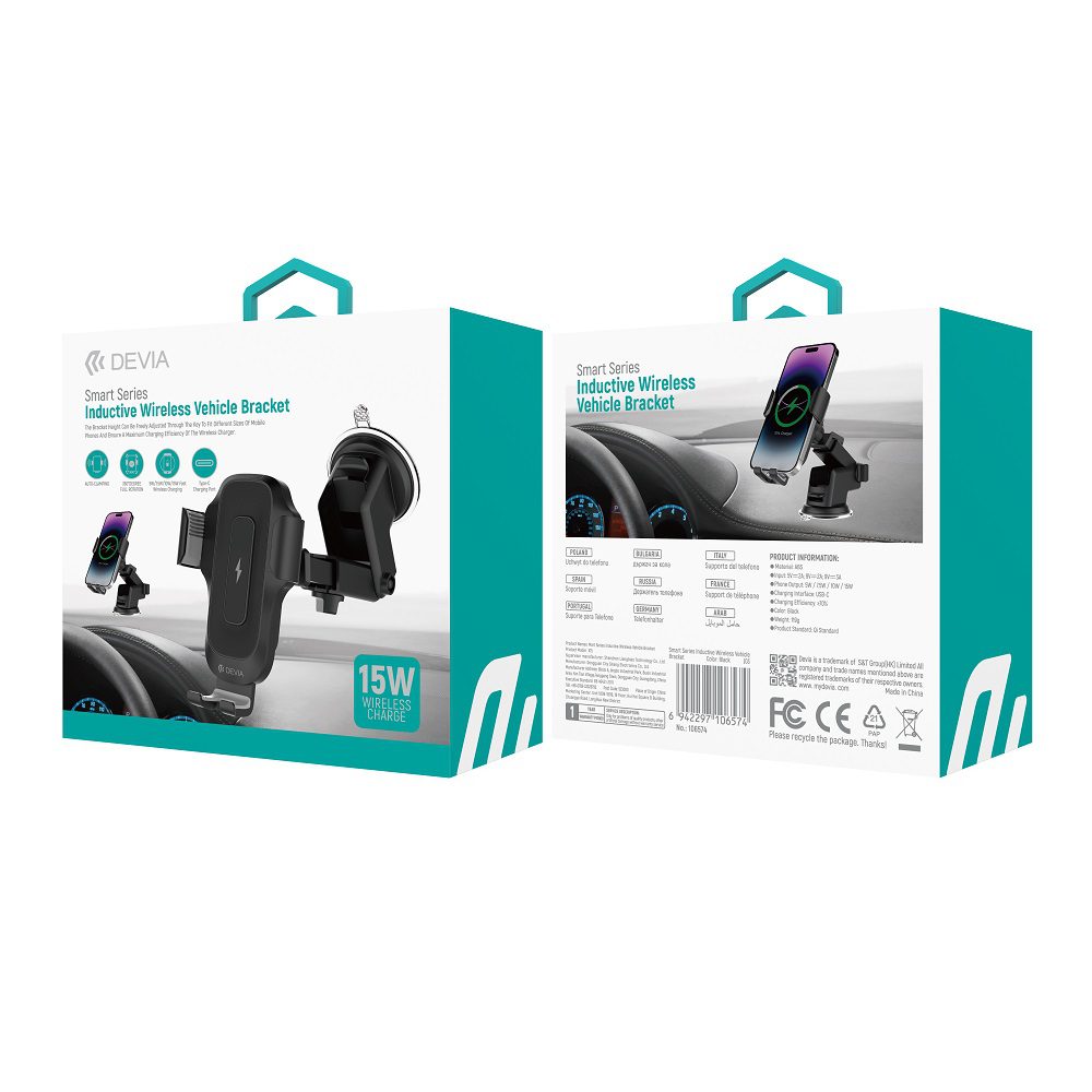 408596_oryg Devia car holder EA497 with wireless inductive charger black 15W with suction cup