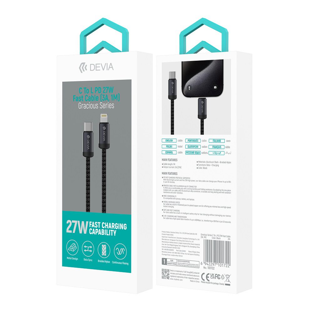 Devia cable Gracious EC645 PD USB-C - Lightning 1,0 m 27W 3A black