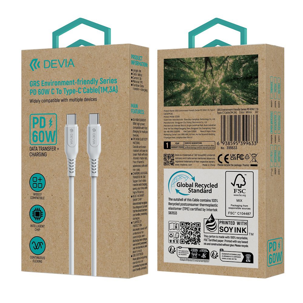 409315_oryg Devia cable GRS EC636 PD USB-C - USB-C 1,0 m 60W 3A white