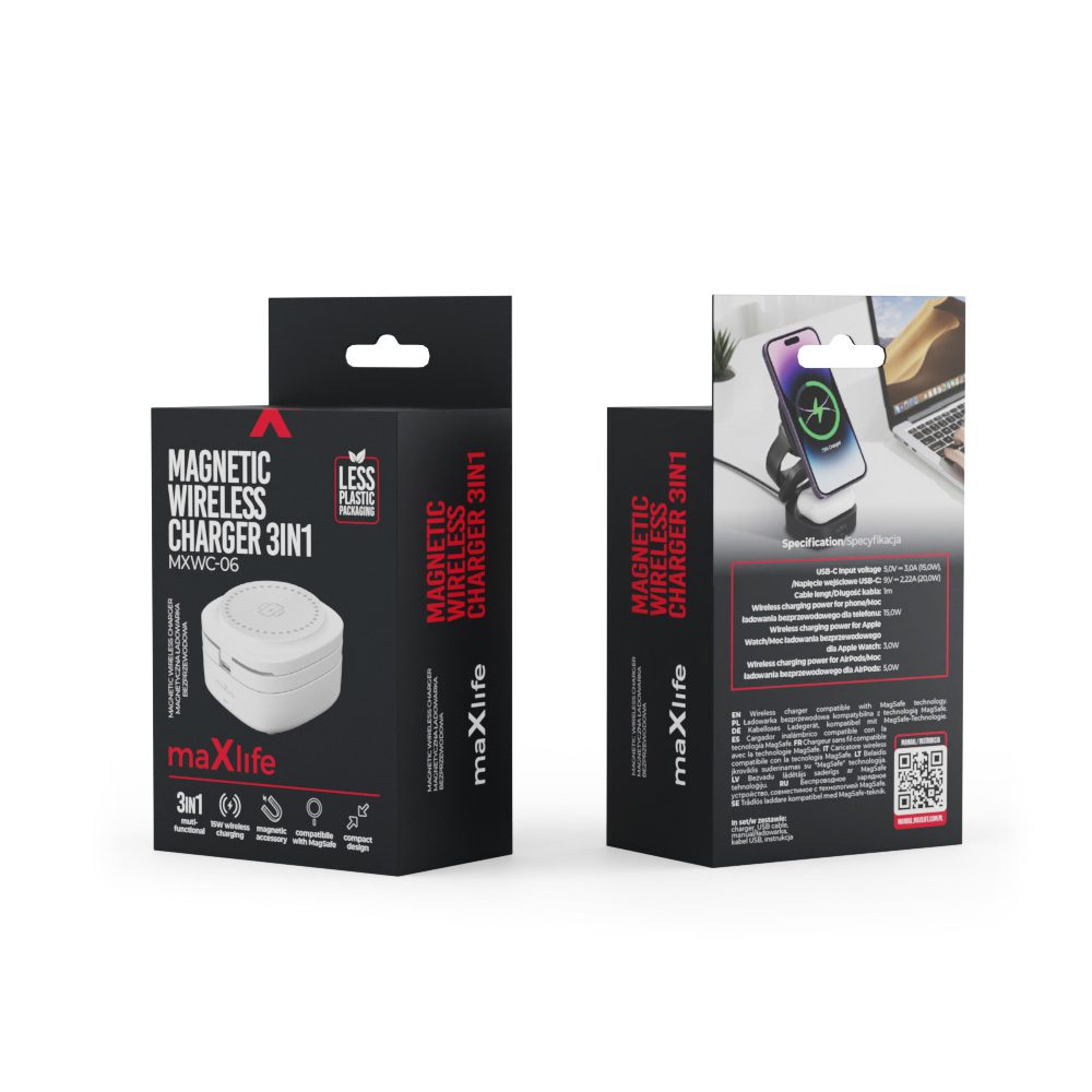 Maxlife MXWC-06 magnetic wireless charger 15W white 3in1