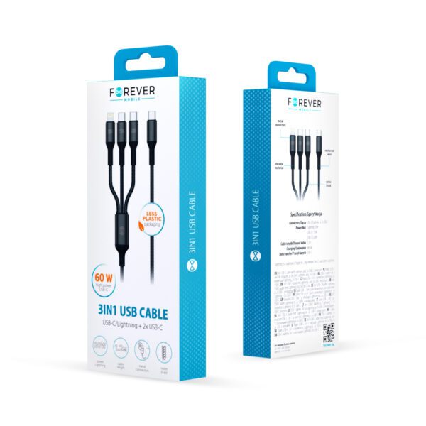 Forever 3in1 cable USB-C - Lightning + 2x USB-C 1,2 m 60W black