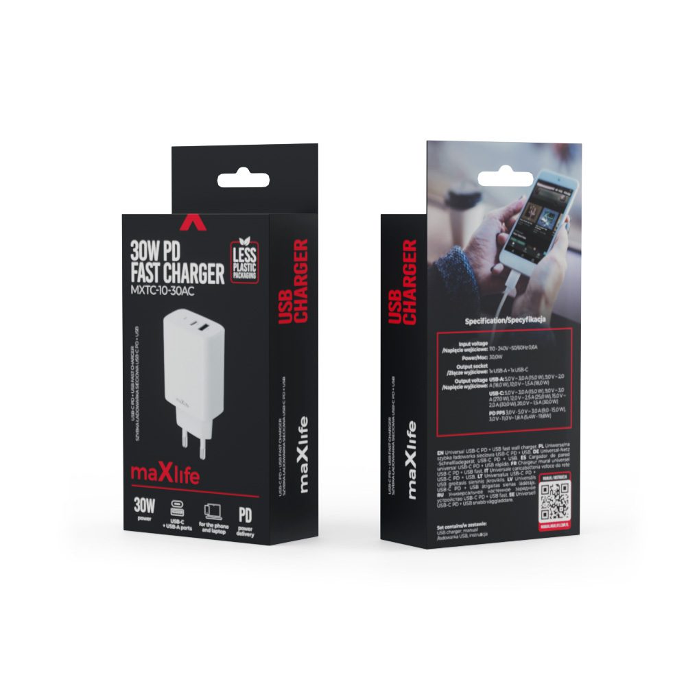 Maxlife MXTC-10-30AC PD QC charger 1x USB-C 1x USB 30W white