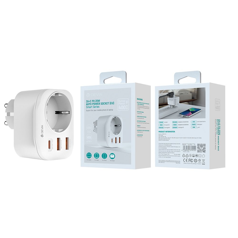 414981_oryg Devia power socket PD charger 20W 1x USB-C 2x USB 3A white