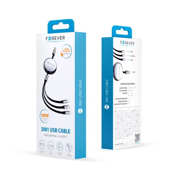 Forever 3in1 cable USB - Lightning + 2x USB-C 1,2 m 100W black