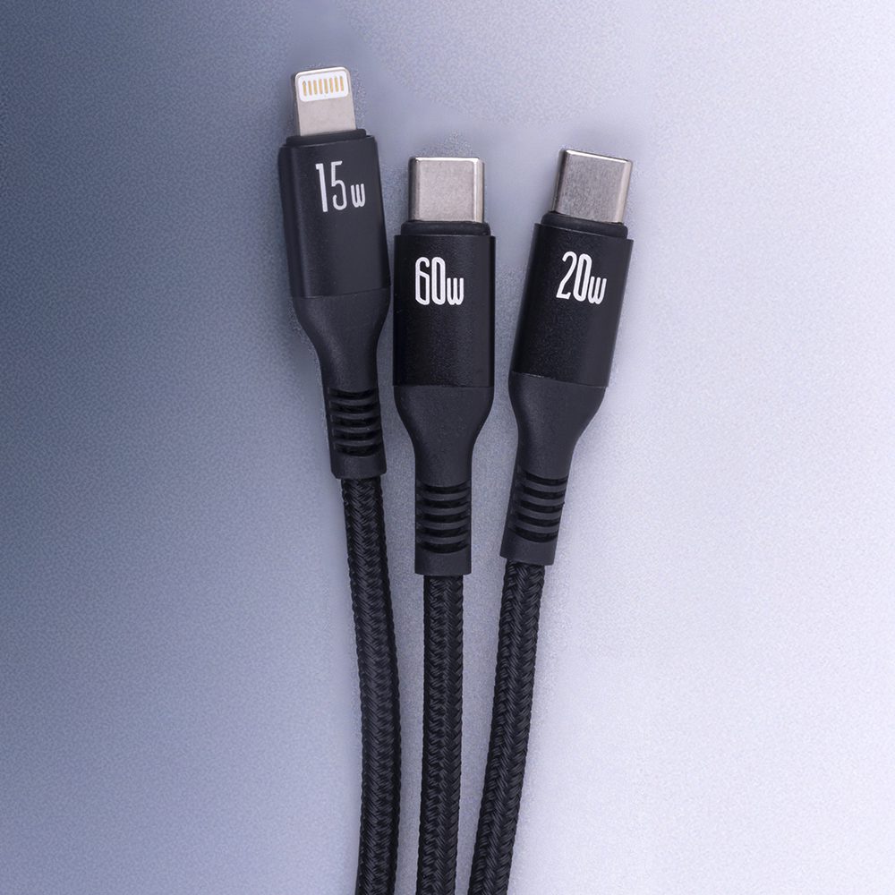 416793_oryg Forever 3in1 cable USB-C - Lightning + 2x USB-C 1,2 m 60W black