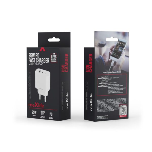 416915_oryg Maxlife MXTC-06-25AC PD QC charger 1x USB-C 1x USB 25W white