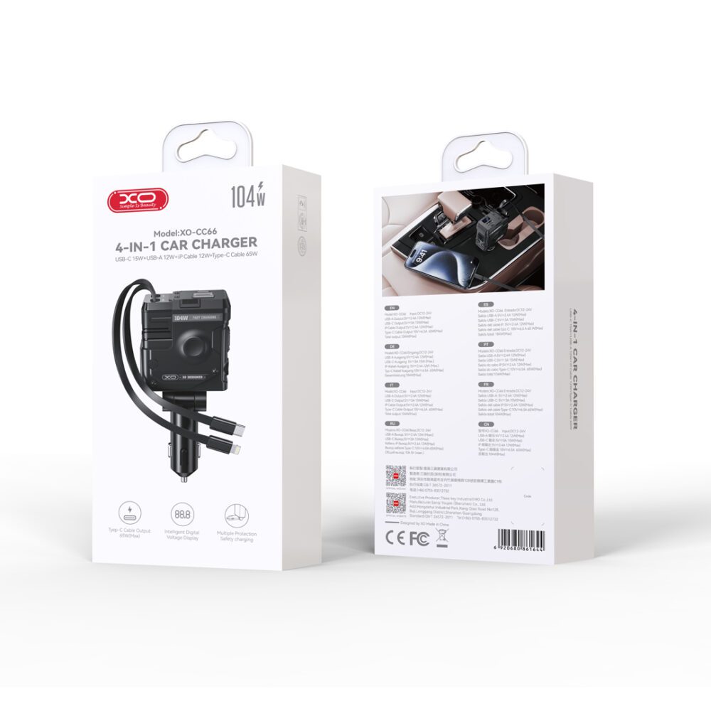 420061_oryg XO car charger CC66 104W 1x USB 1x USB-C black with cable USB-C and cable Lightning