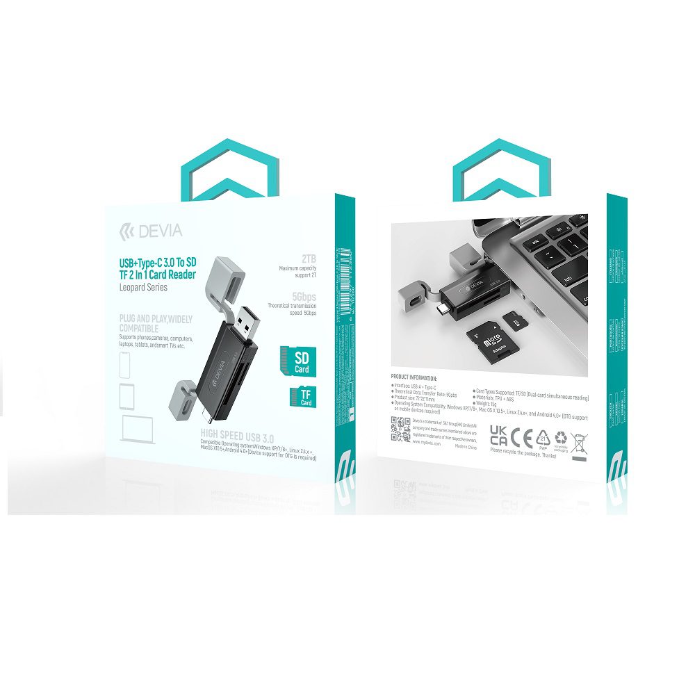 420144_oryg Devia card reader 2in1 EL240 USB/USB-C 3.0 black