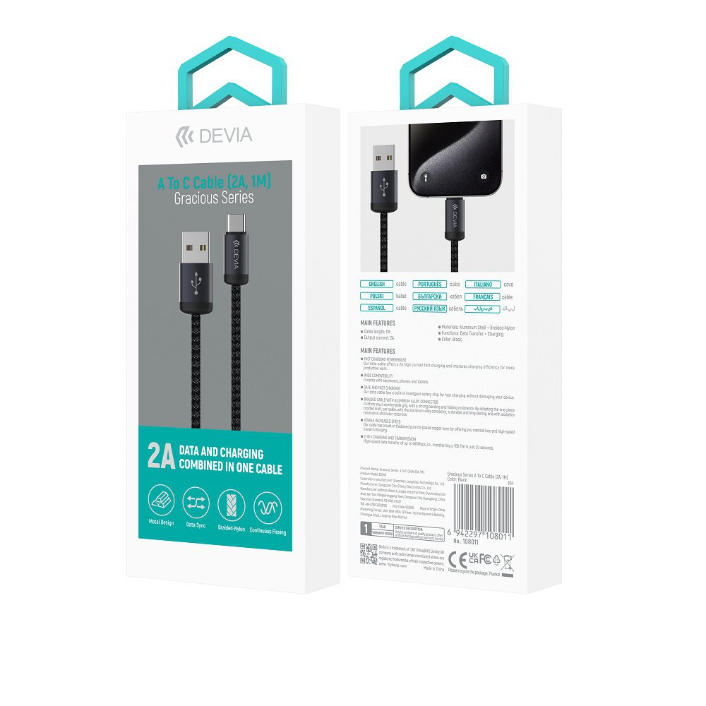 420194_oryg Devia cable Gracious EC649 USB - USB-C 1,0 m 2A black