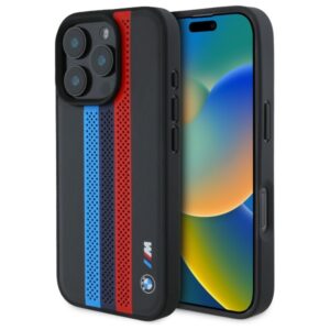 BMW case for iPhone 16 Pro 6,3" BMHMP16L23PUPTK Hardcase M Perf, Tricolor Printed Stripes MagSafe black